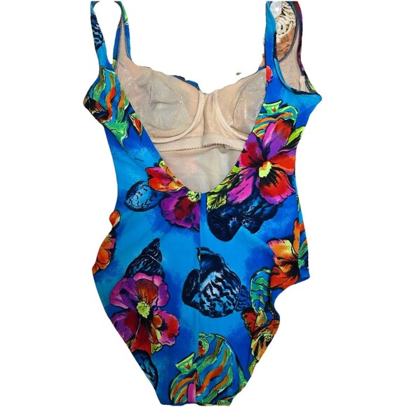 Vintage Tropical Floral Seashell Swimsuit Size 8 Bold Blue Made USA - Cazimi - Picture 2 of 6